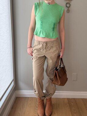 y2k tan baggy roll up mid rise cotton cargo pants